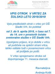 VPIS OTROK V VRTEC ZA ŠOLSKO LETO 2018 - 2019 – OŠ SLADKI VRH